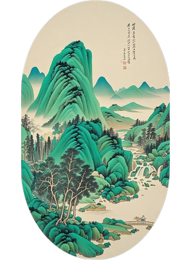超美国画青绿山水装饰画客厅卧室书房茶室墙面贴画防水自粘贴中式