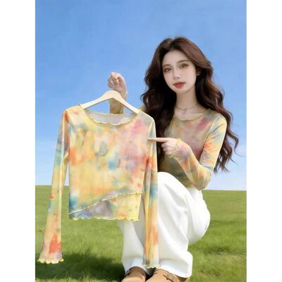 自留款大码女装扎染印花长袖双层网纱T恤女早秋减龄薄款防晒上衣
