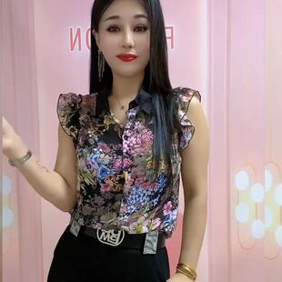 网红同款夏季新款时尚百搭印花无袖polo领衬衫洋气韩版打底衫女款