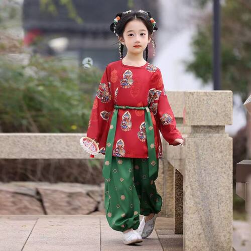 蹴鞠舞蹈儿童汉服中式国风男女童表演服唐装圆领袍幼儿园演出服