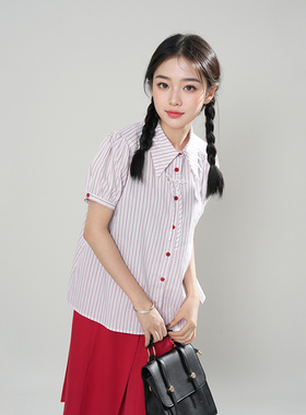 2025年夏季新款温柔日系红色穿搭蝴蝶结口袋半身裙+衬衫两件套装