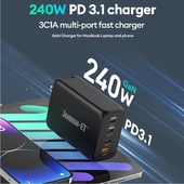 JomaxET氮化镓240W充电器3C1A四口黑色PD3.1PPS快充适配器双100W双口适用笔记本NUC联想戴尔惠普小米电脑