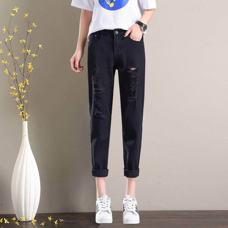 RIPPED JEANS WOMENS LOOSE CROPPED SPRING AND AUTUMN 2023 NEW SLIM HIGH-WAISTED STRAIGHT HARLAN DAD PANTS SMALL MAN