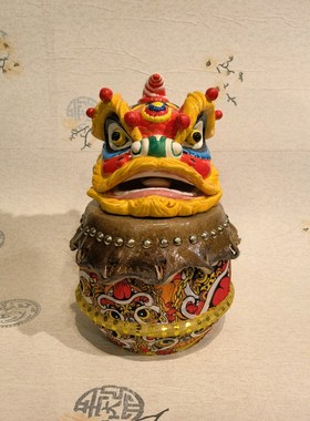工艺家居客厅办公岭南醒狮南金狮王石湾陶瓷狮头摆件创意酒店软装