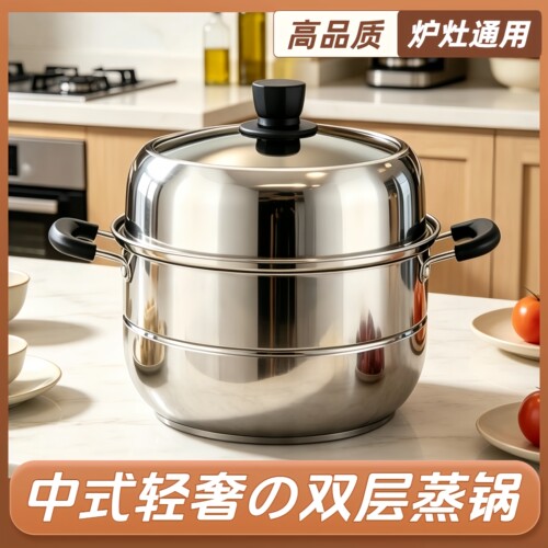 【自营】2026新款蒸锅家用大号双三层大容量加厚不锈钢燃气电磁炉