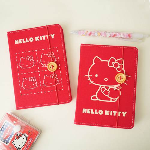 哈喽Kitty空白页手账本日记事本布艺封面喜庆红复古凯蒂猫弹力绳