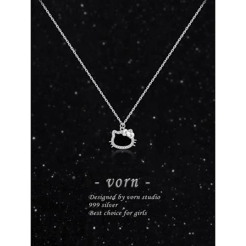 VORN满钻猫咪S999纯银项链女生甜美可爱镂空哈喽kt吊坠送闺蜜礼物