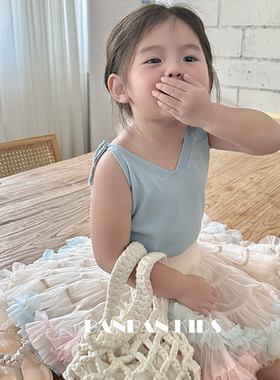 春夏百搭款！2023新款女童上衣可爱百搭v领蝴蝶结蓝色针织吊带