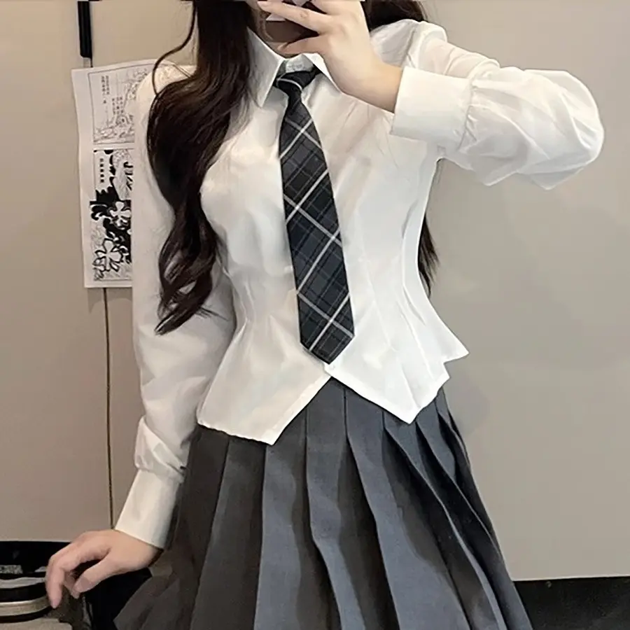 收腰衬衫女长袖辣妹百褶裙制服