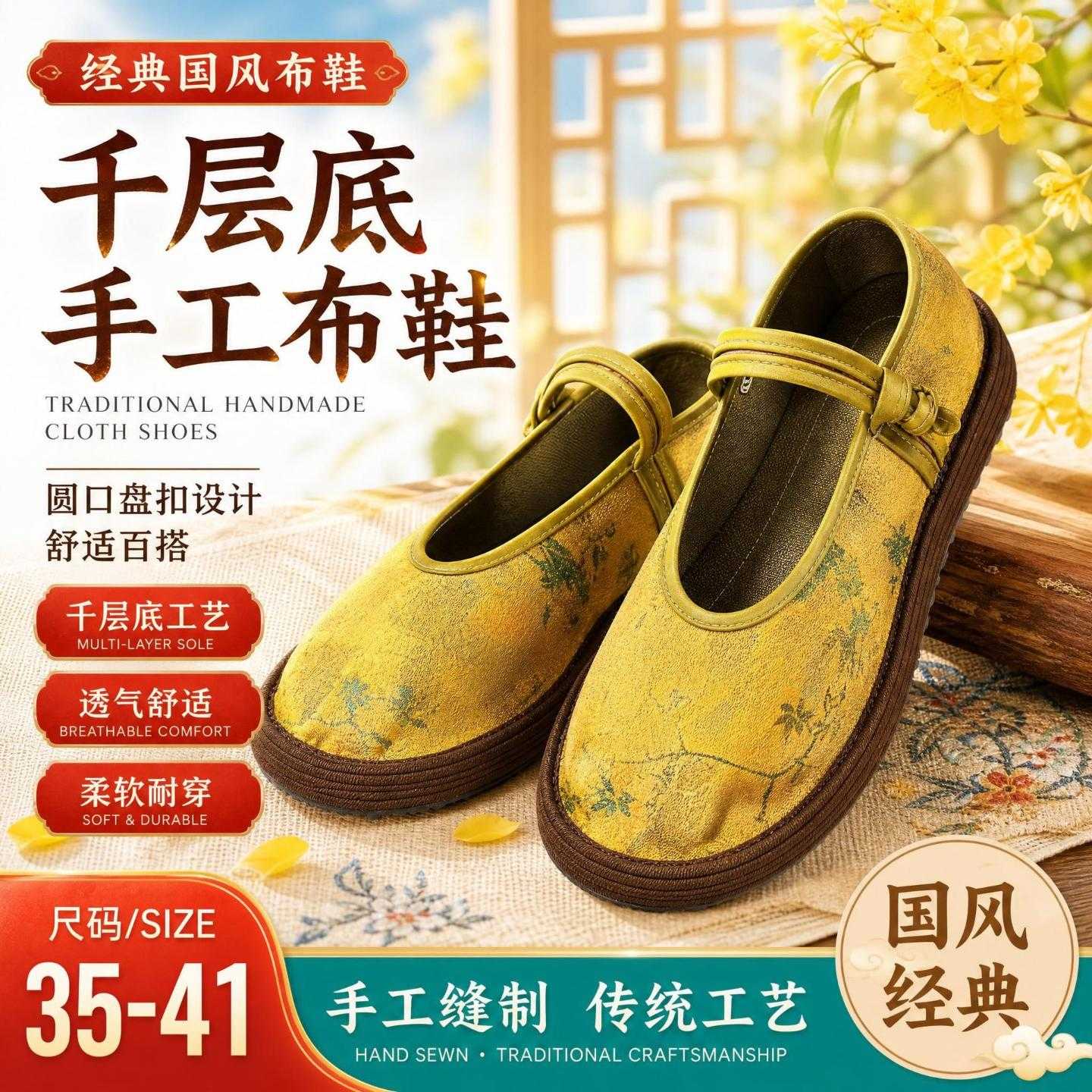 中式老北京千层底布鞋女士圆口