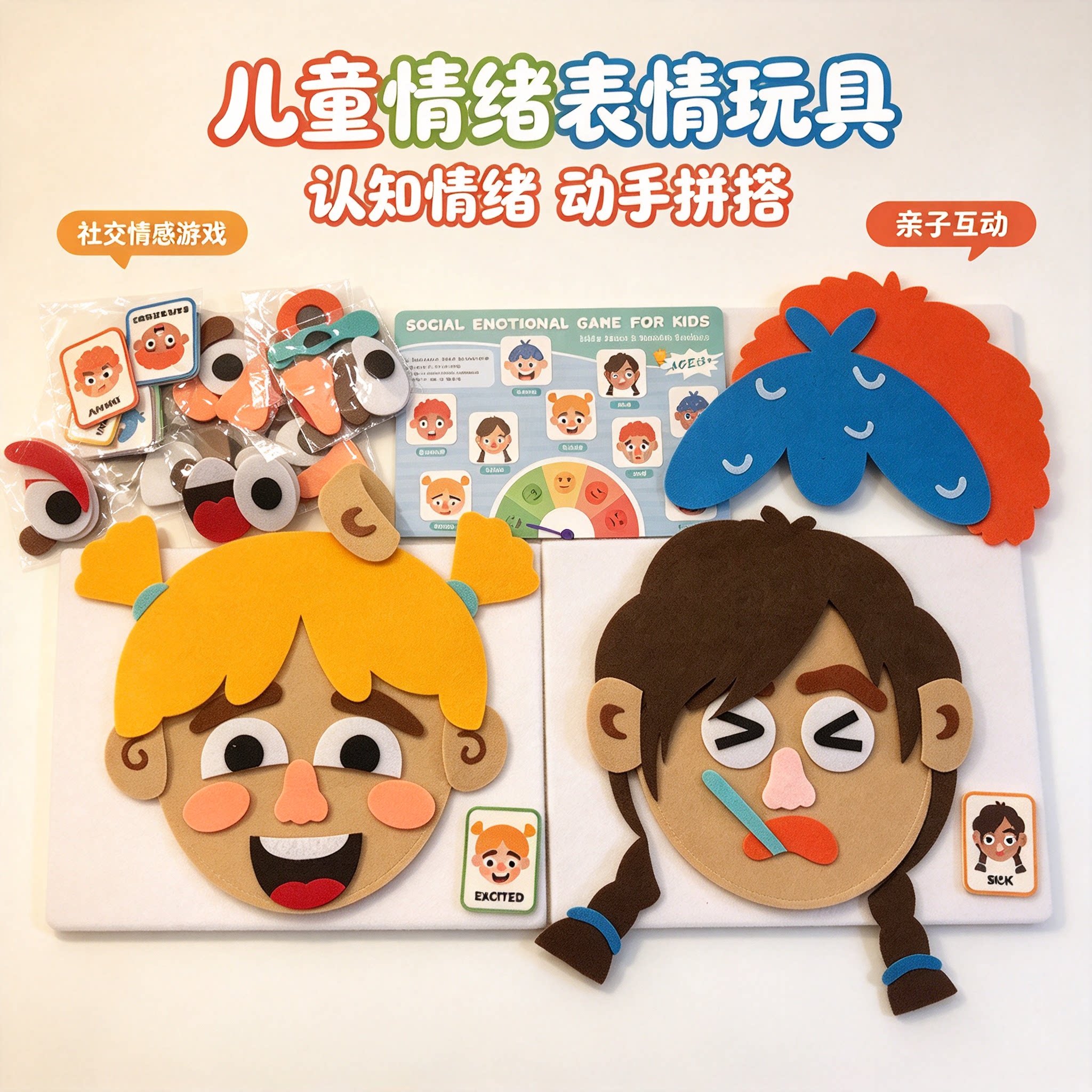 SEL社交情感学习毛毡表情拼图儿童表情贴幼儿园贴五官换表情教具