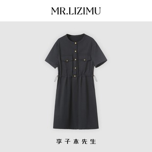 李子木新款圆领短袖工装连衣裙女夏季宽松显瘦休闲减龄直筒中长裙