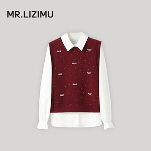 李子木先生休闲翻领精致衬衫女2025秋冬百搭叠穿针织马甲两件套装