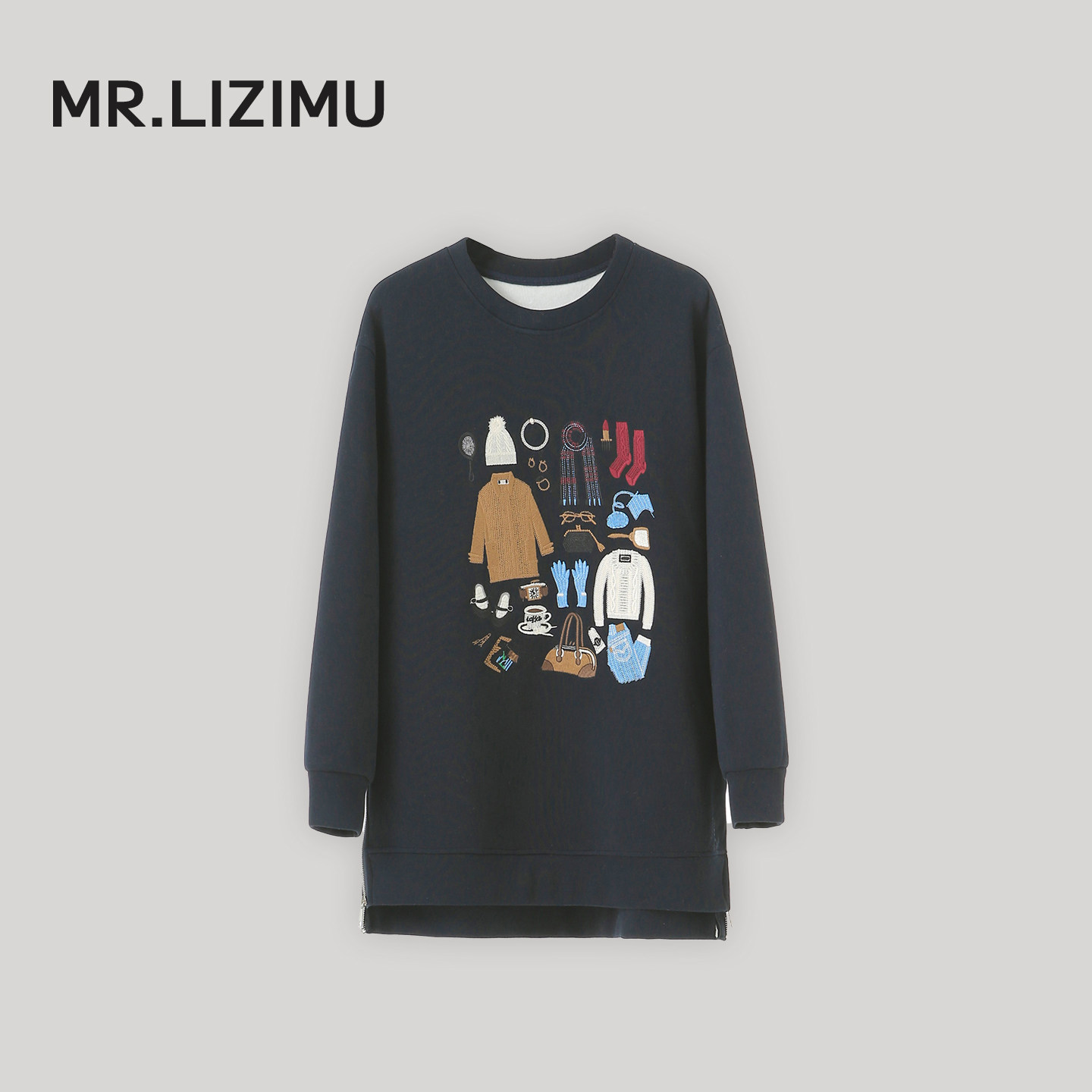 李子木先生中长款卡通刺绣加绒卫衣女宽松圆领休闲百搭高级感上衣