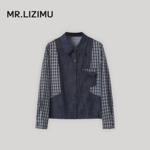 李子木格子拼接翻领牛仔衬衫外套女2025秋季休闲百搭减龄长袖上衣