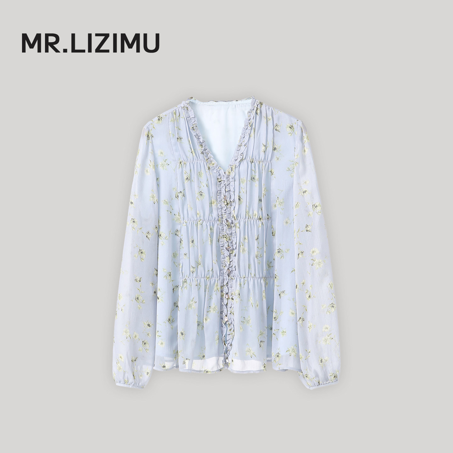 李子木先生法式碎花休闲衬衫女2026春季新款肌理感V领荷叶边上衣