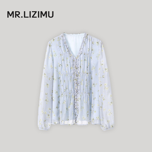 李子木先生法式碎花休闲衬衫女2026春季新款肌理感V领荷叶边上衣