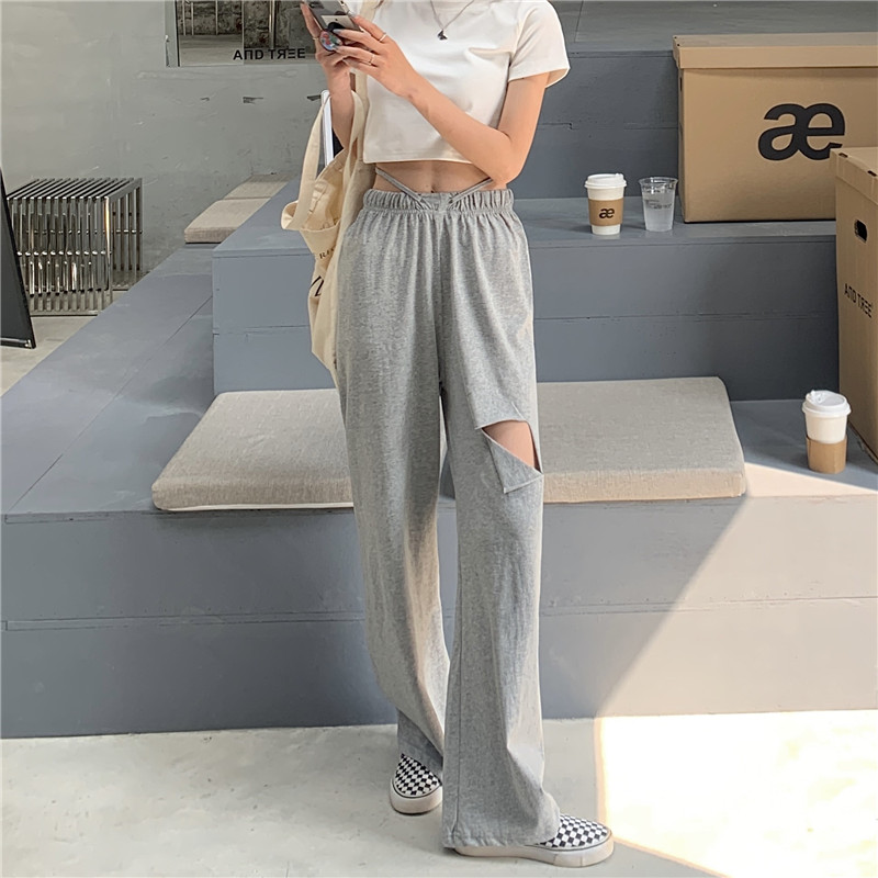 Real shot real price versatile personality hole elastic high waist rope wide leg pants loose and thin floor dragging casual pants