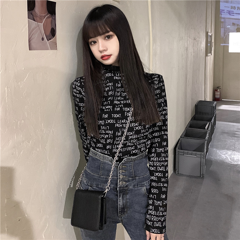 3 real shot real price retro letter print high neck slim fit Plush thickened T-shirt long sleeve base coat