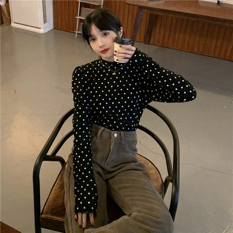 Real price autumn and winter new wave point half high collar slim fit temperament bubble sleeve bottomed T-Shirt Top