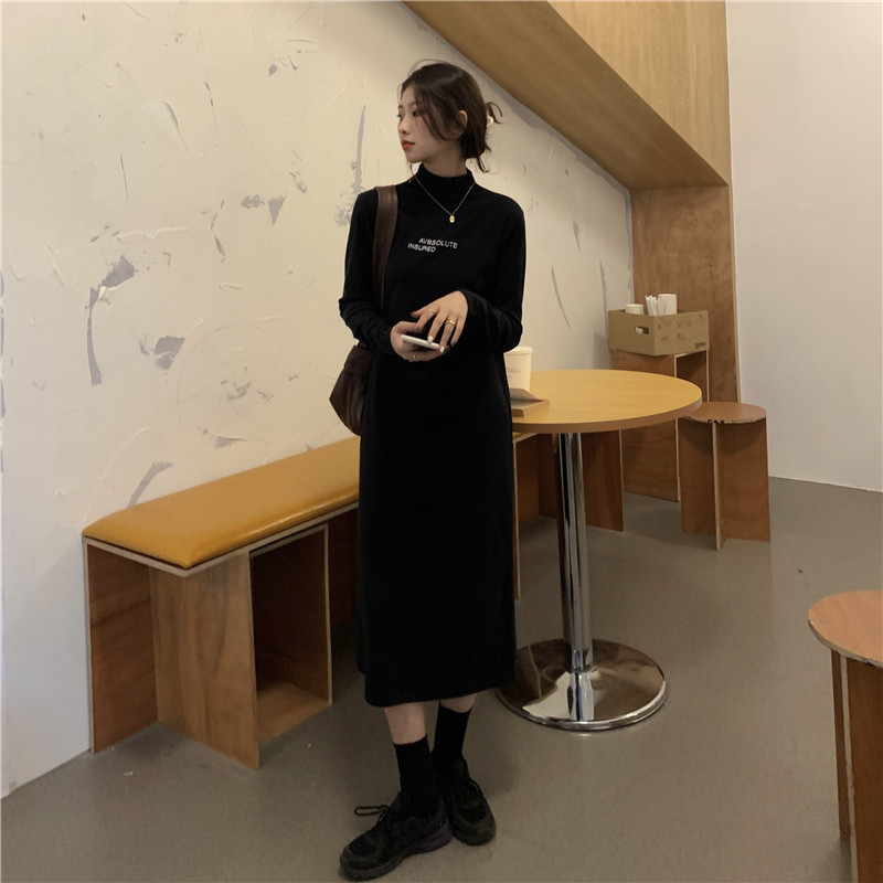 Real price Korean double faced velvet high collar letter embroidery thickened warm long sleeve dress