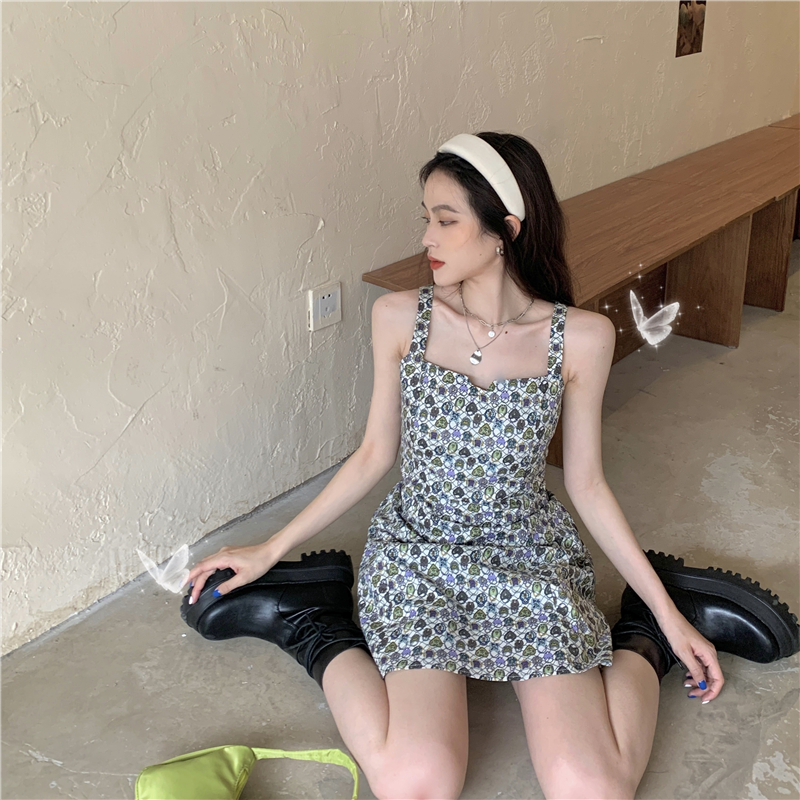 Real price French close waist and slim design small floral suspender dress