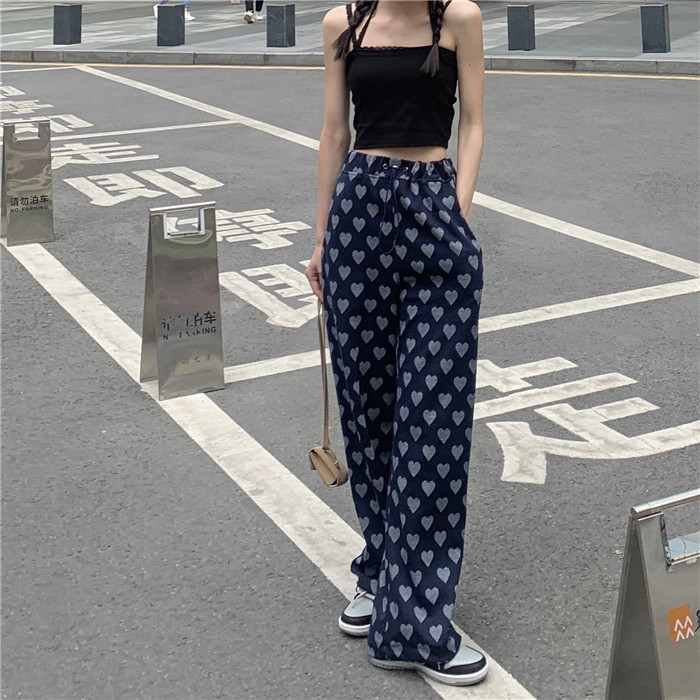 實拍實價  寬鬆束腳直筒百搭顯瘦休閒衛褲ins潮愛心高腰闊腿褲