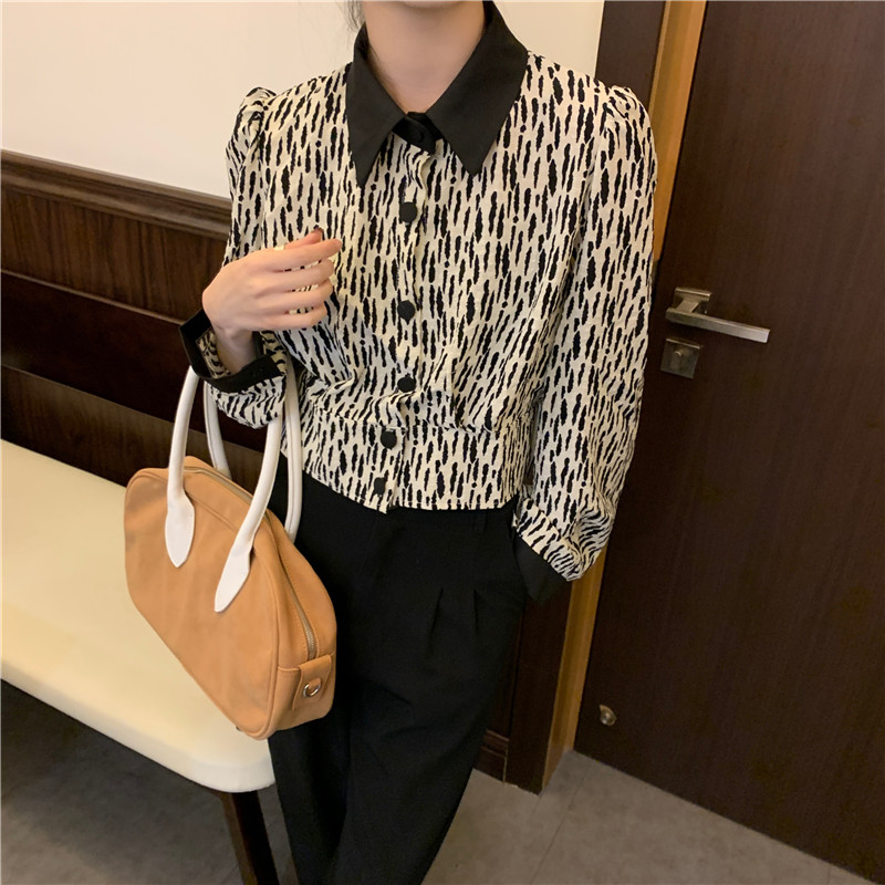 Real price Korean loose and versatile leopard design bubble Long Sleeve Shirt