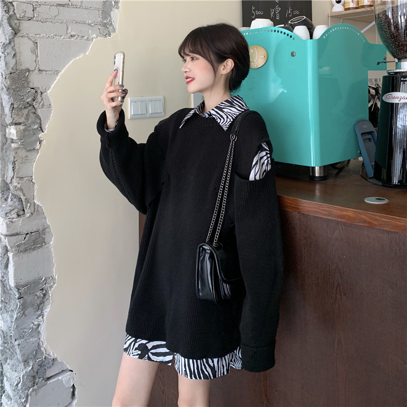 Real price off the shoulder mid length round neck Pullover long sleeve sweater + medium length V-Neck long sleeve Zebra Print Shirt