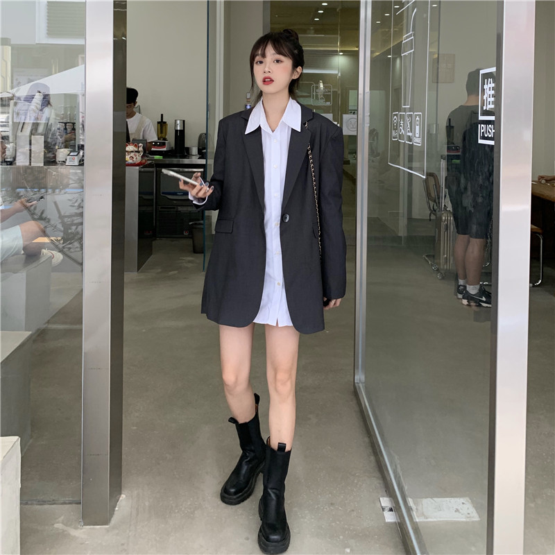 Real price loose suit back crepe jacket + small V-port knot fold stripe long sleeve shirt at back