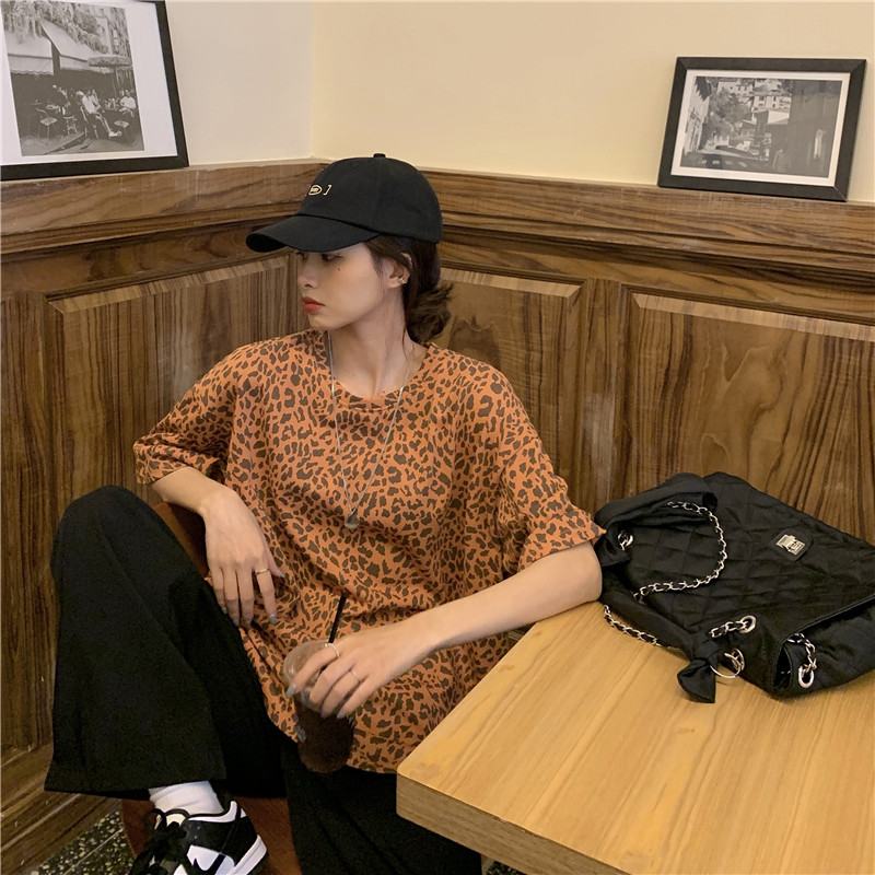 實拍實價 韓版百塔潮流ins個性套頭寬鬆T恤bf風豹紋休閒上衣女