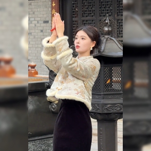 新中式国风毛毛袖短棉服外套女2025冬轻奢提花棉衣外衣百搭上衣