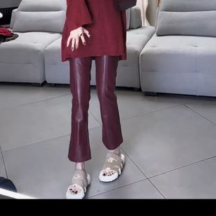 超柔软蛋白皮微喇叭裤休闲八分裤女宽松韩版宽松高腰气质皮尤裤