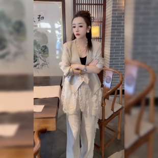 时尚休闲老钱风麻料蕾丝拼接外套阔腿裤套装女春夏气质三件套装