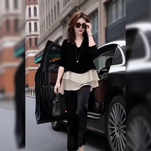 高级感黑色打底衫拼接荷叶边丝绒衬衫女秋洋气减龄宽松上衣小衫