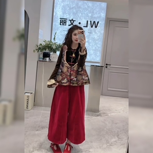 新中式国风提花马甲小衫条绒阔腿裤三件套女春显瘦高级感复古套装