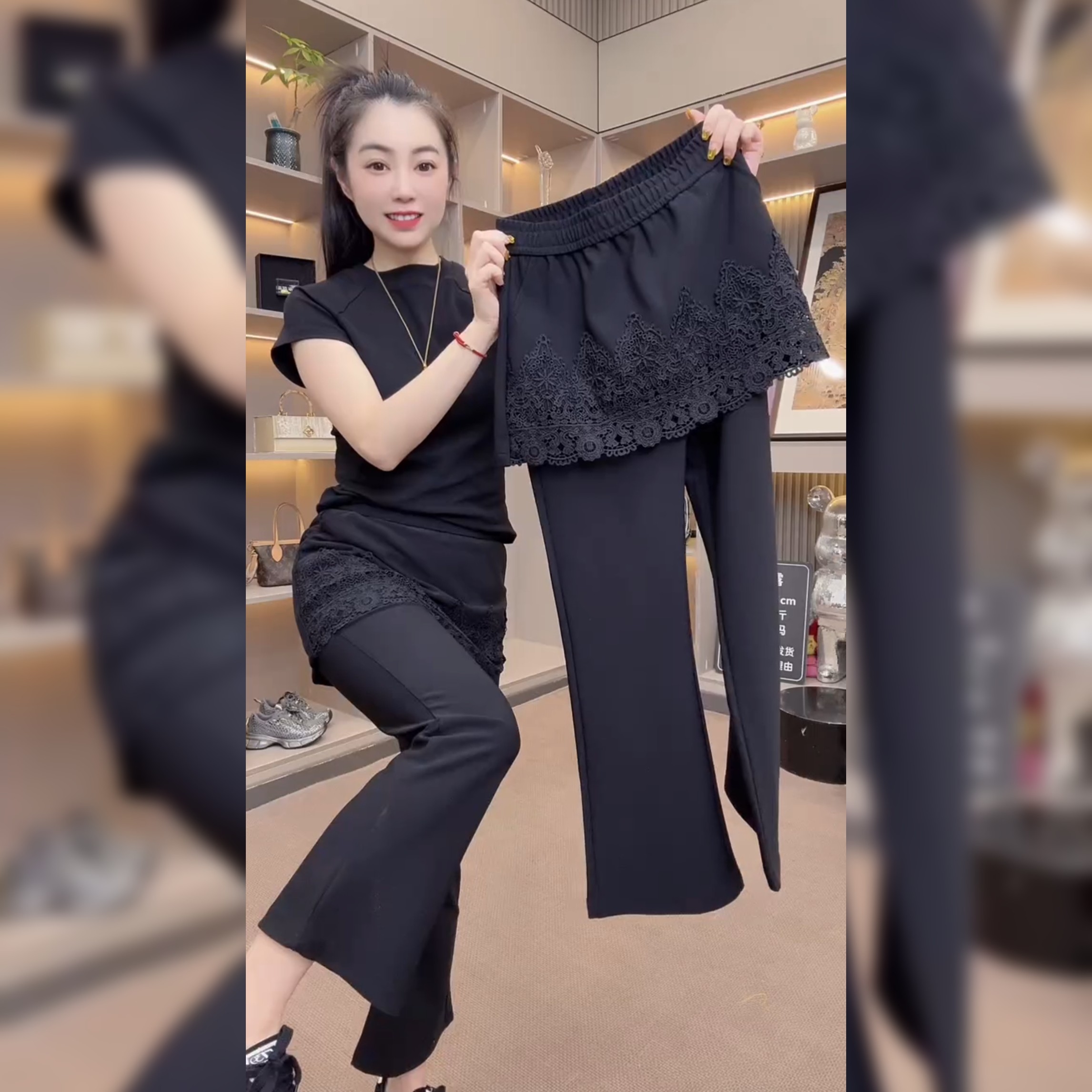 高腰蕾丝拼接假两件裙裤九分微喇裤女春职业显瘦垂感休闲裤直筒裤