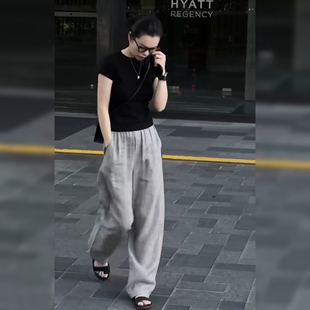 时尚慵懒风麻料套装女夏薄百搭显瘦高端气质短袖上衣阔腿裤两件套