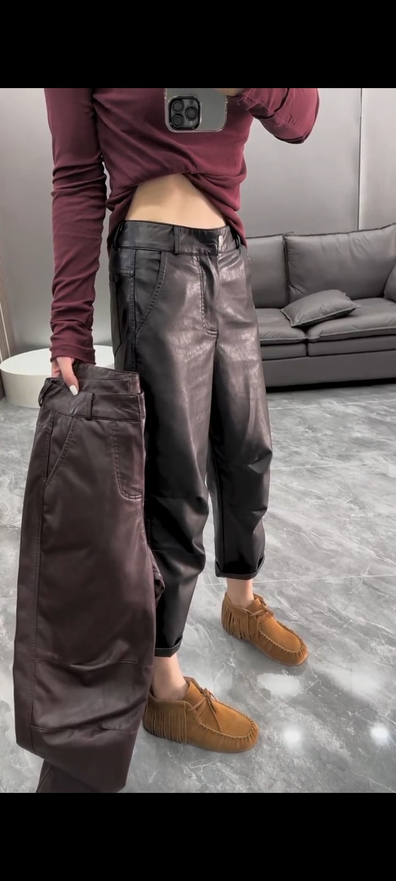 欧货蛋白皮裤奶奶裤2024秋冬新高腰黑色弹力宽松弯刀裤萝卜老爹裤,女装/女士精品,休闲裤,淘宝优惠券,粉丝福利购,淘宝优惠卷