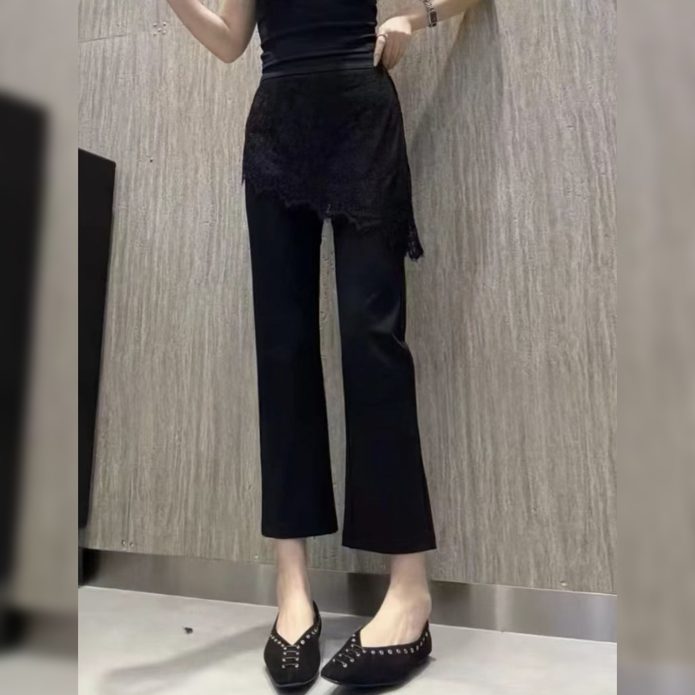 假两件拼蕾丝屁帘微喇裤女春夏设计感八分裤通勤西裤直筒休闲裤