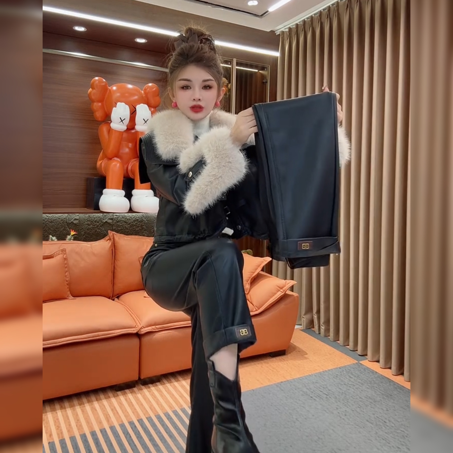 欧货高腰PU皮直筒裤女冬磨毛字母烟筒裤显瘦百搭弹力休闲裤大码女