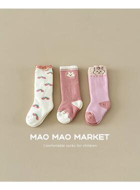 粉色兔子袜婴儿袜子宝宝毛圈袜卡通中筒袜女童秋冬款婴幼儿毛绒袜