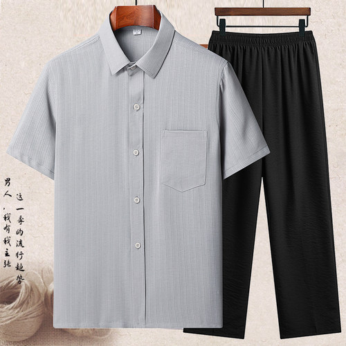 中老年冰丝短袖衬衫男夏季爸爸套装夏装爷爷衣服夏天老人男士衬衣