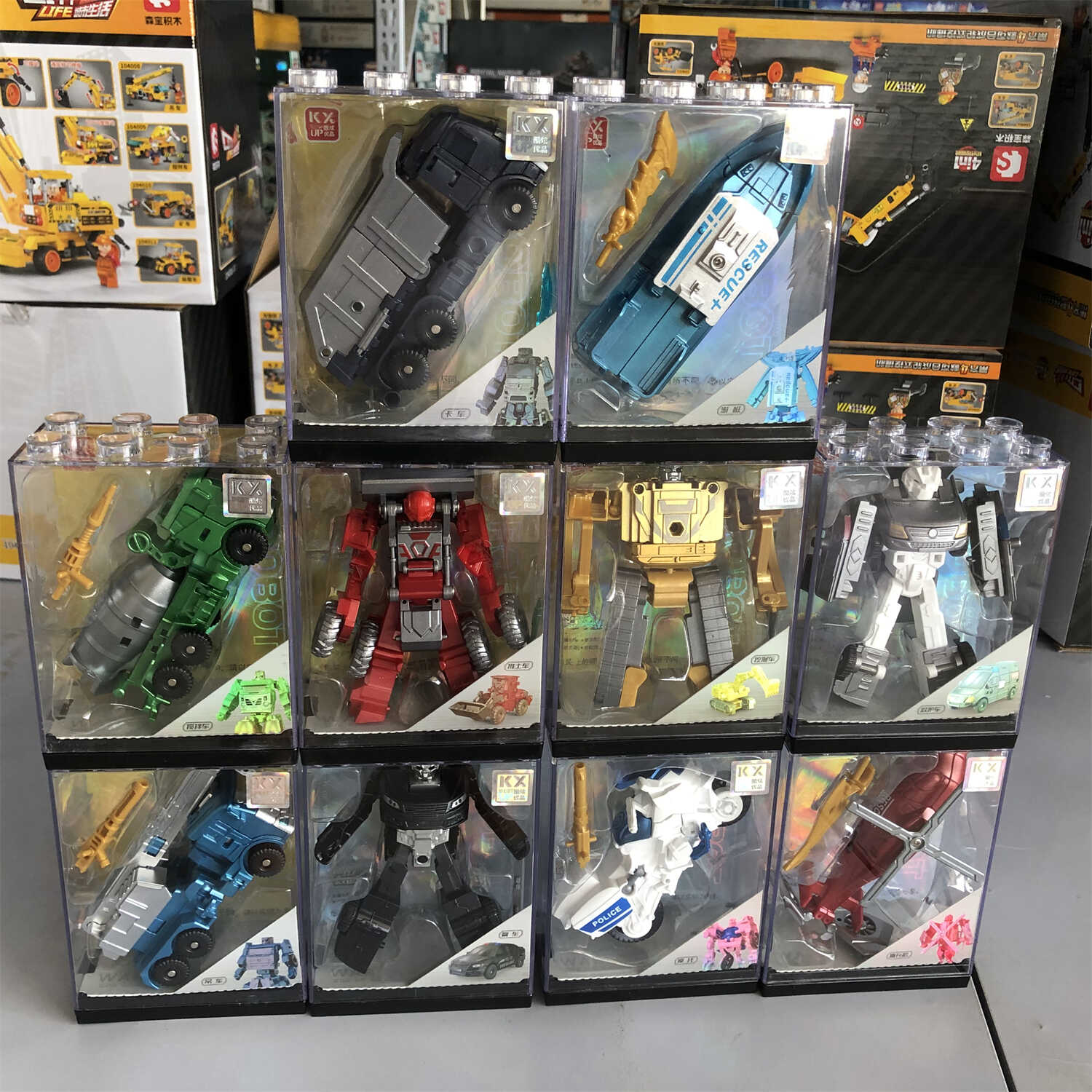 警车变形机器人带展示盒DIY玩具