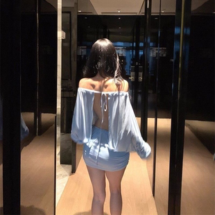 潮流韩版 包臀裙简约通勤青春包臀短裙 宽松连衣裙一字肩蝙蝠袖