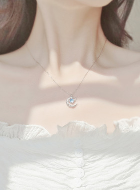 s925纯银蓝色星空月光石锁骨链女