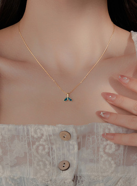 s925纯银人鱼尾蓝色滴釉项链女