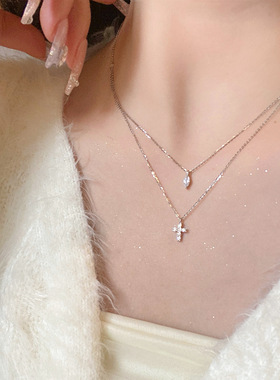 s925纯银迷你十字架双层项链女