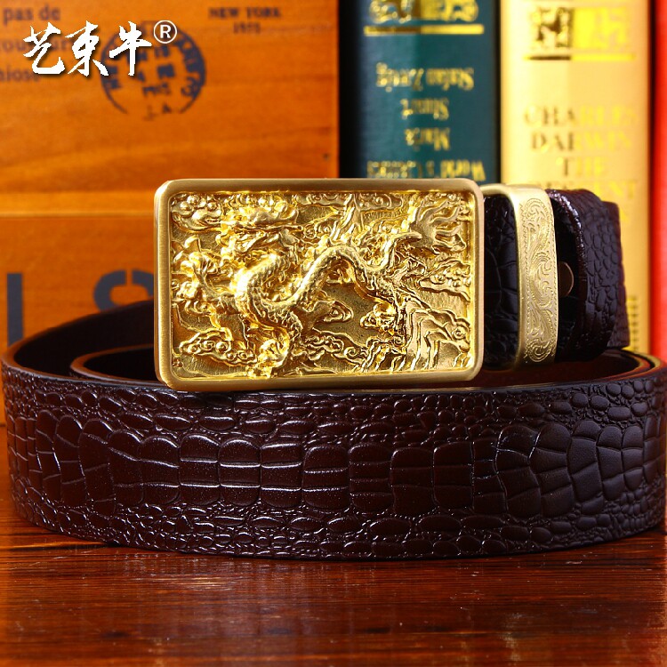 鳄鱼纹纯铜龙头生肖青年真皮腰带