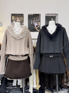 法式慵懒复古风V领毛领套头蝙蝠袖麻花针织衫秋冬气质高级感毛衣